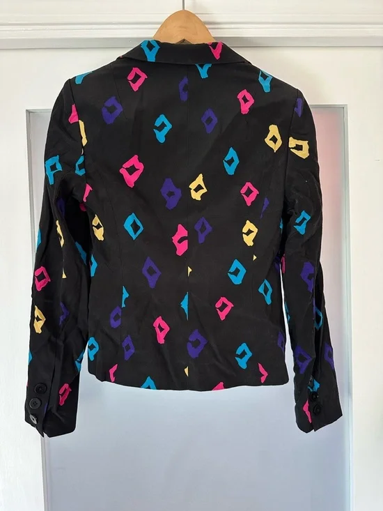 Black Patterned Women’s Blazer with Multicolor Diamond Print - Picture 2 of 4